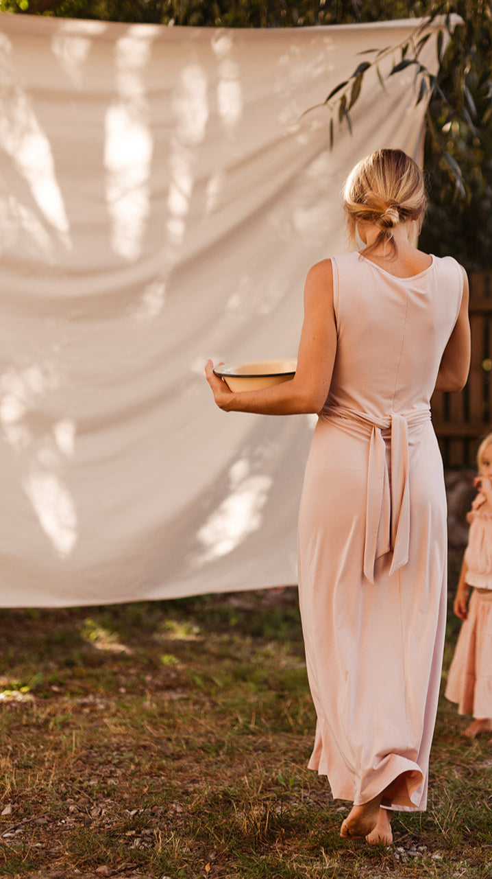 Elegant Maternity & Nursing Dress – Bamboo Viscose | Adjustable Tie Belt & Easy Nursing Access