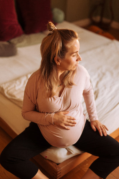 Comfortable maternity twill pants worn during pregnancy